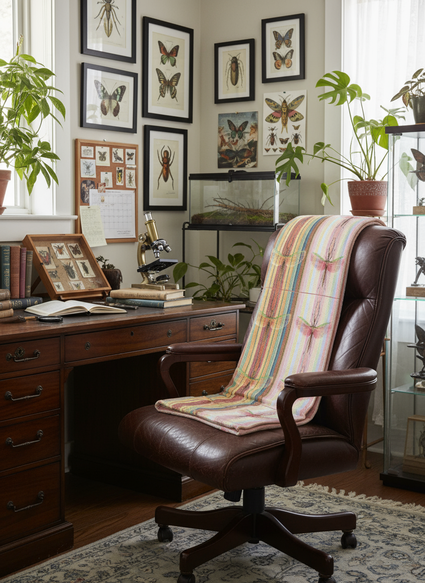 Home office with a leather chair, desk, and framed insect specimens on the wall.