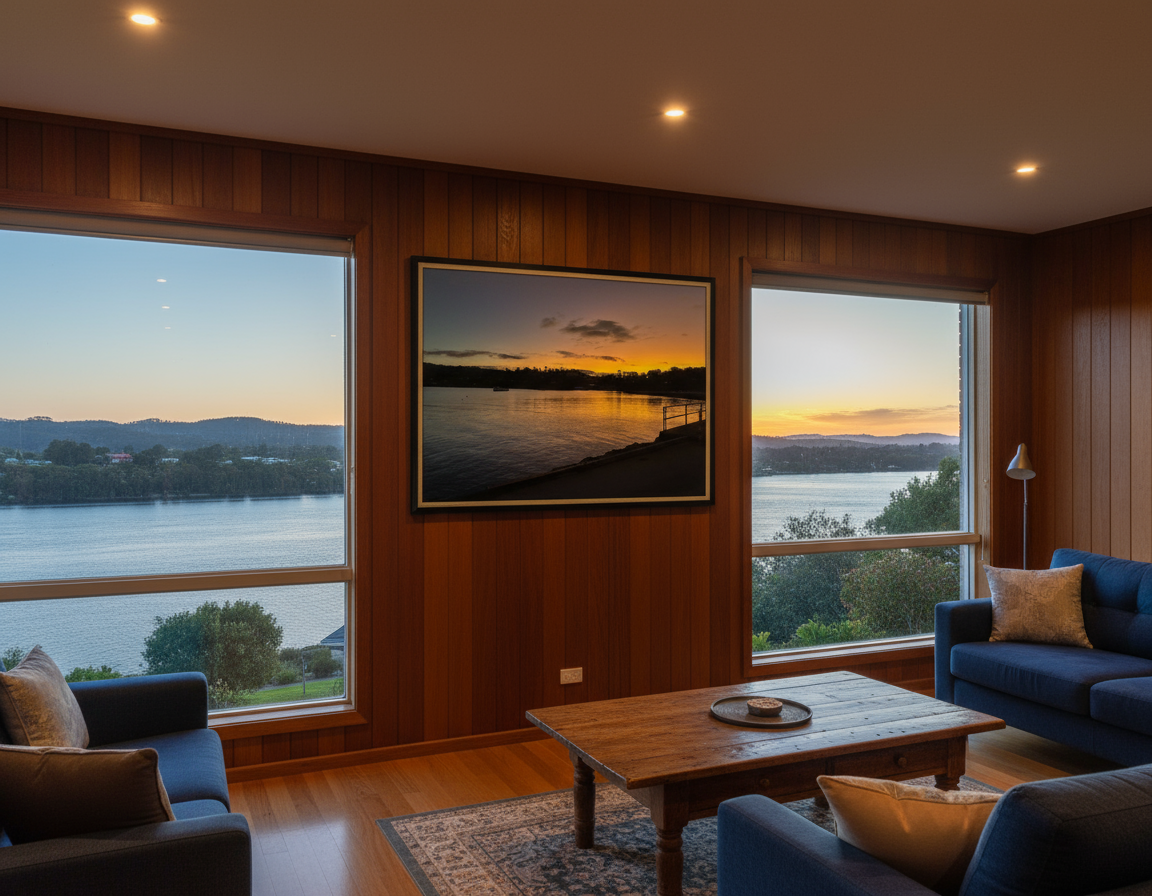 A gravelly dusk featured in a home at Gravelly Beach overlooking the Tamar River