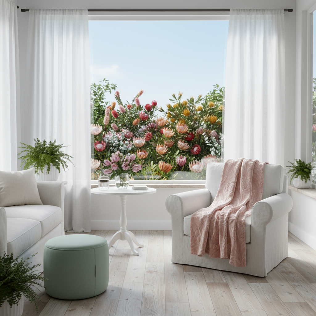 Modern living room with white furniture, pink blanket, and flowers outside the window.