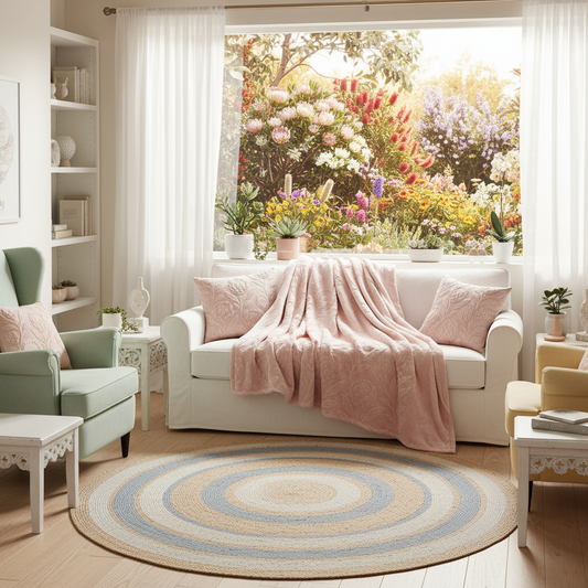 Living room with a white sofa, pink blanket, and a round rug.