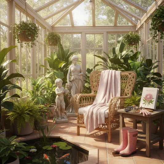 Sunlit greenhouse with wicker chair, pink boots, and decorative elements.