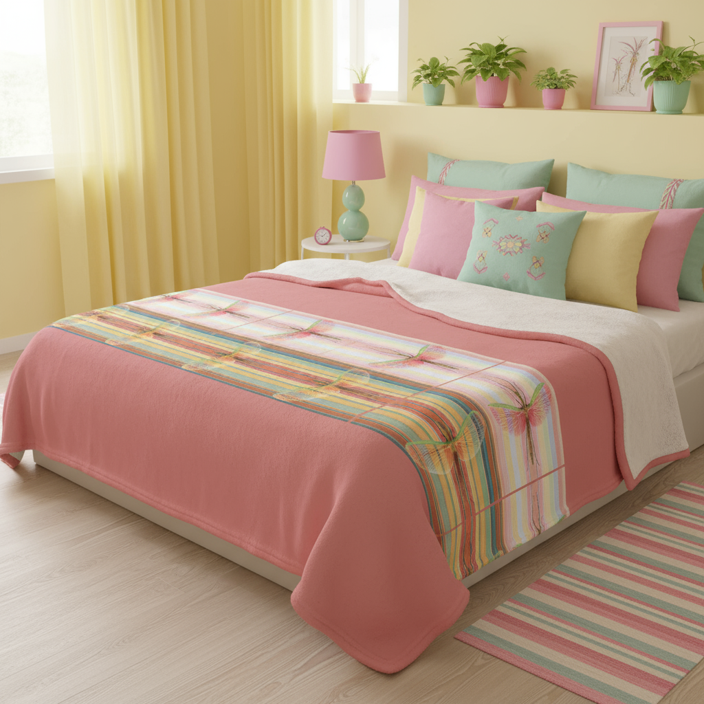 Bedroom with pink and multicolored bedding, pillows, and lamp.
