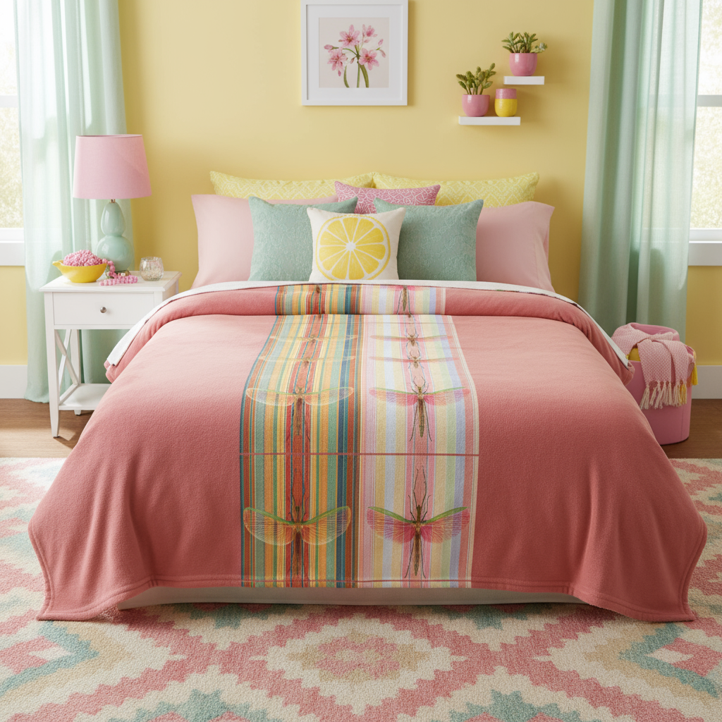 Bedroom with pink and multicolored comforter, pillows, and a lamp.