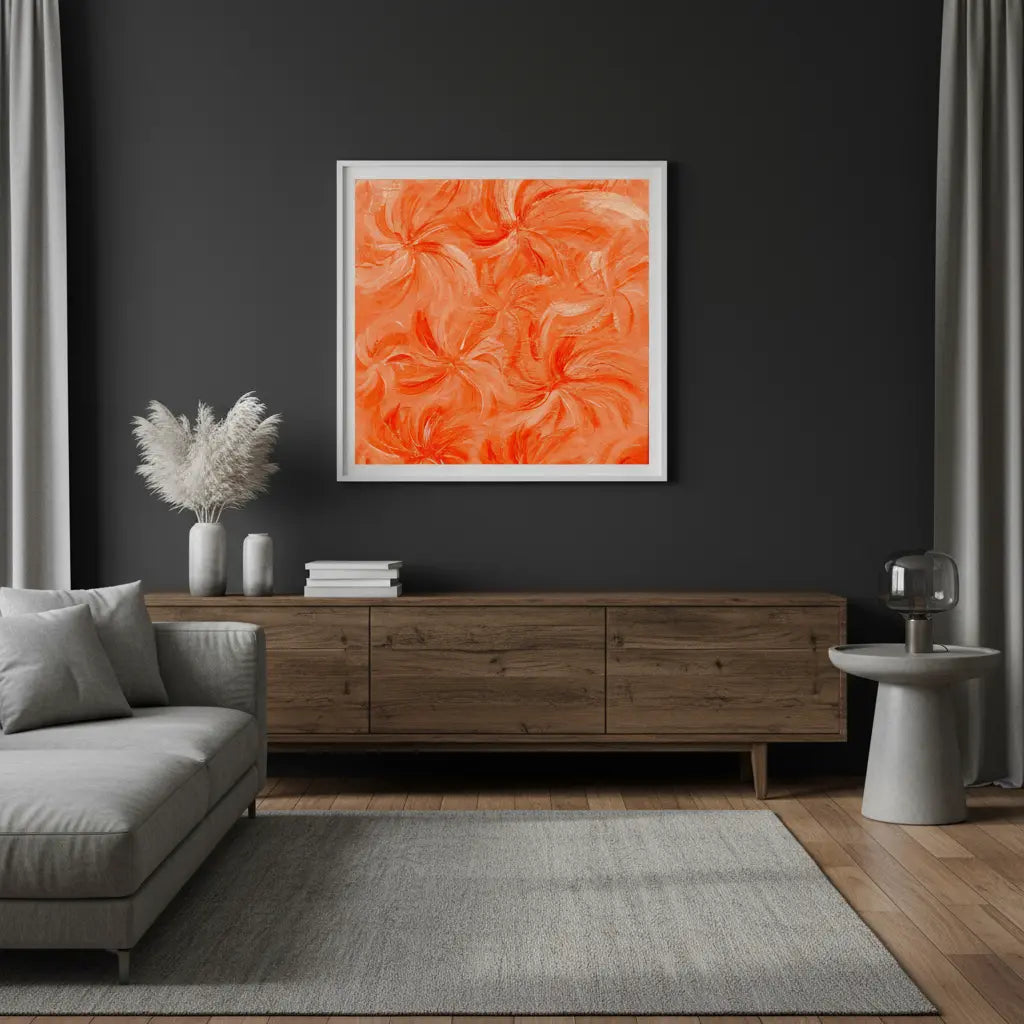 The Grand Grevillea print on charcoal living room wall