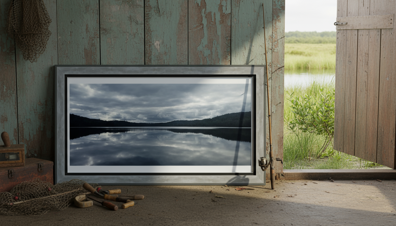 Framed landscape print on a rustic wall with a view of a lake.