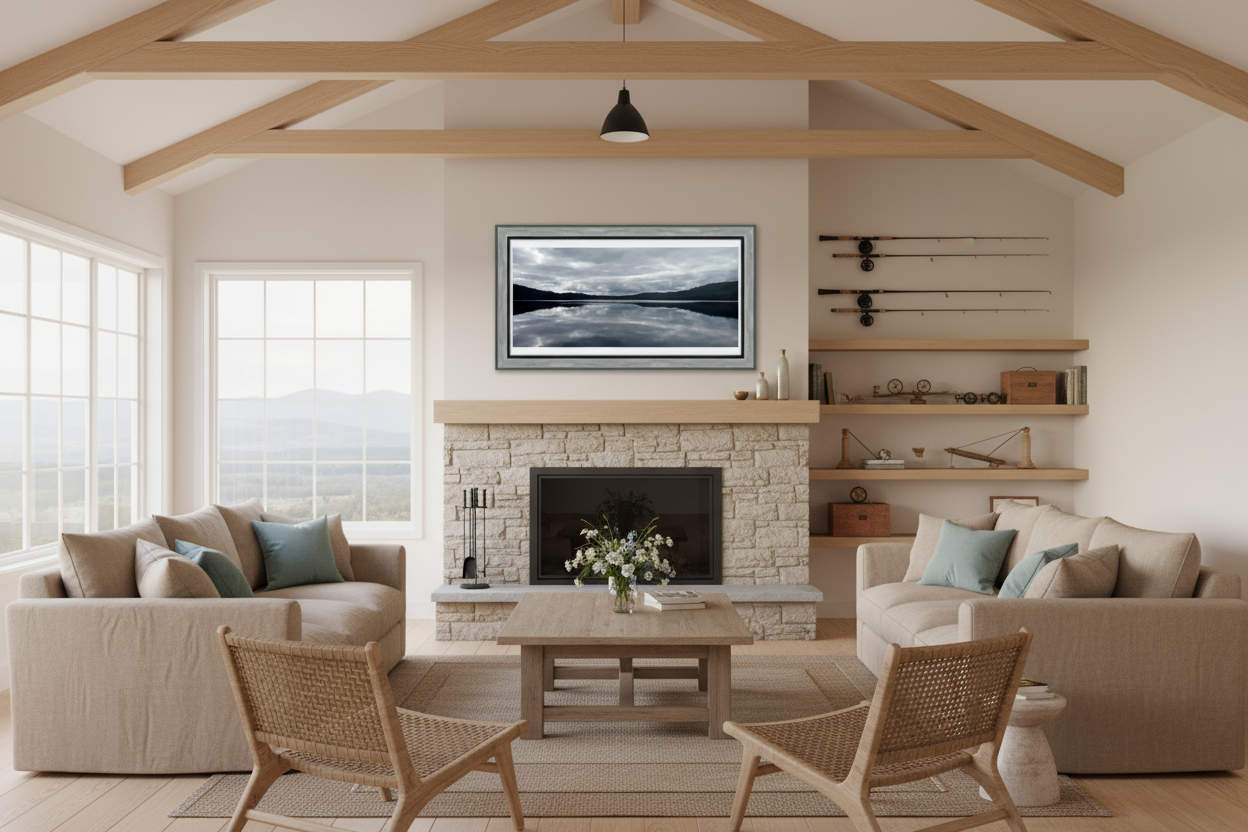 Living room with beige sofas, wooden coffee table, and stone fireplace.