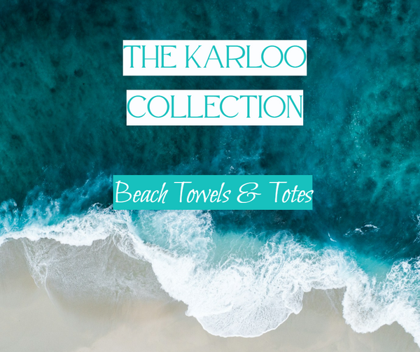 Advertisement for The Karloo Collection featuring beach towels and totes with a blue ocean and white waves background.