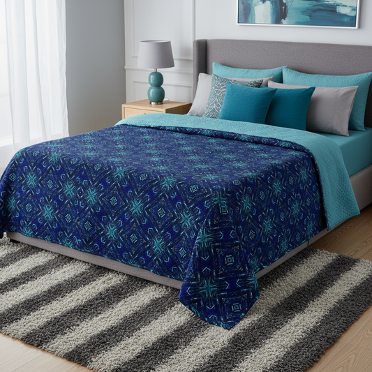 Bedroom with a bed featuring a blue patterned comforter and teal pillows, on a striped rug.