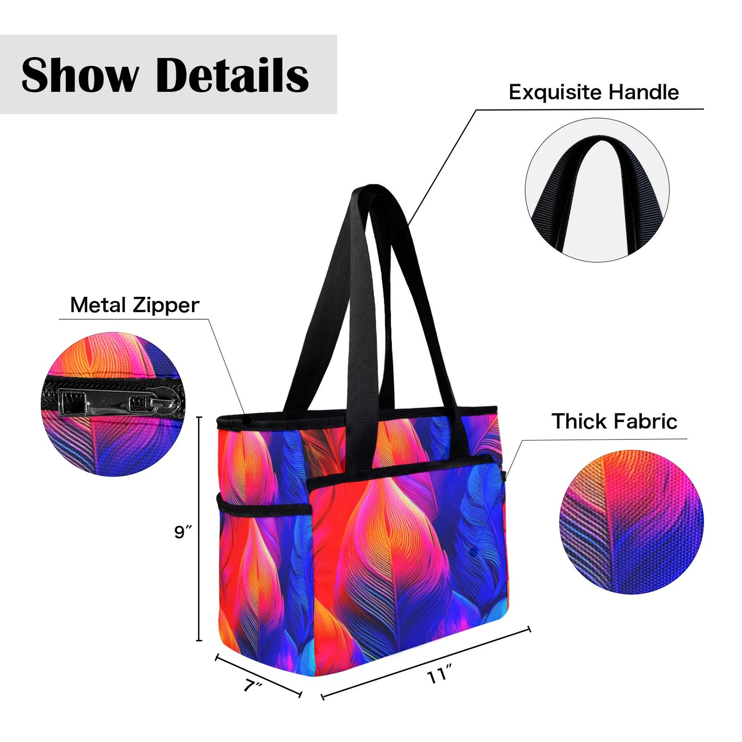Colorful tote bag with features highlighted on a white background
