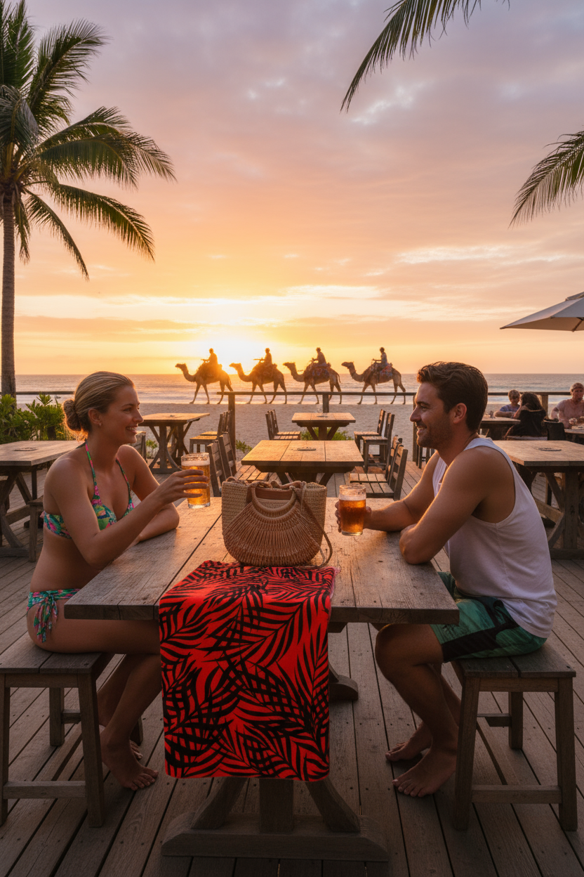 Two people sitting at a table on a beach at sunset, with palm trees and other beachgoers in the background.