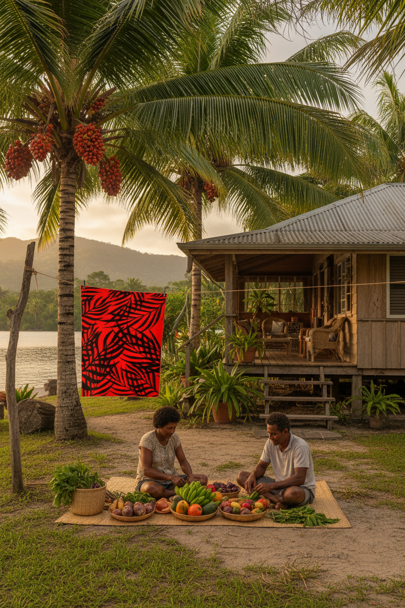 Two people sitting on a mat with food under palm trees near a wooden hut.