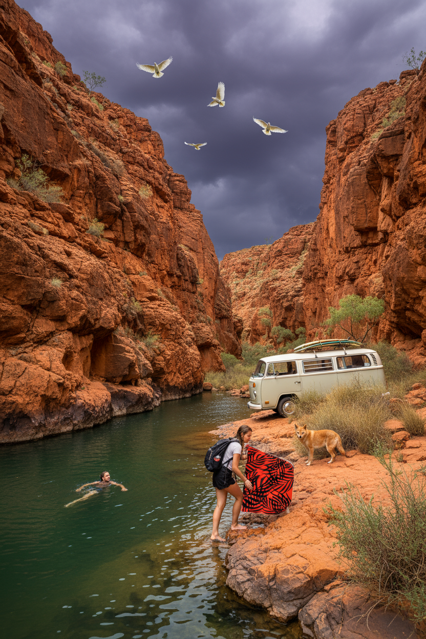 People enjoying a swim and sunbathing by a river in a desert canyon with a vintage van and birds flying overhead.