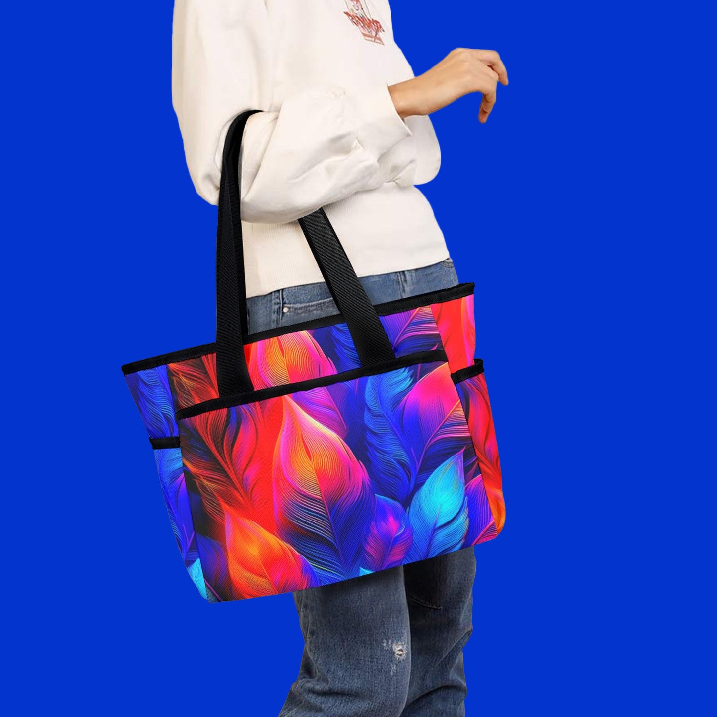 rosella beach tote bag blue red orange pink feather design summer ready