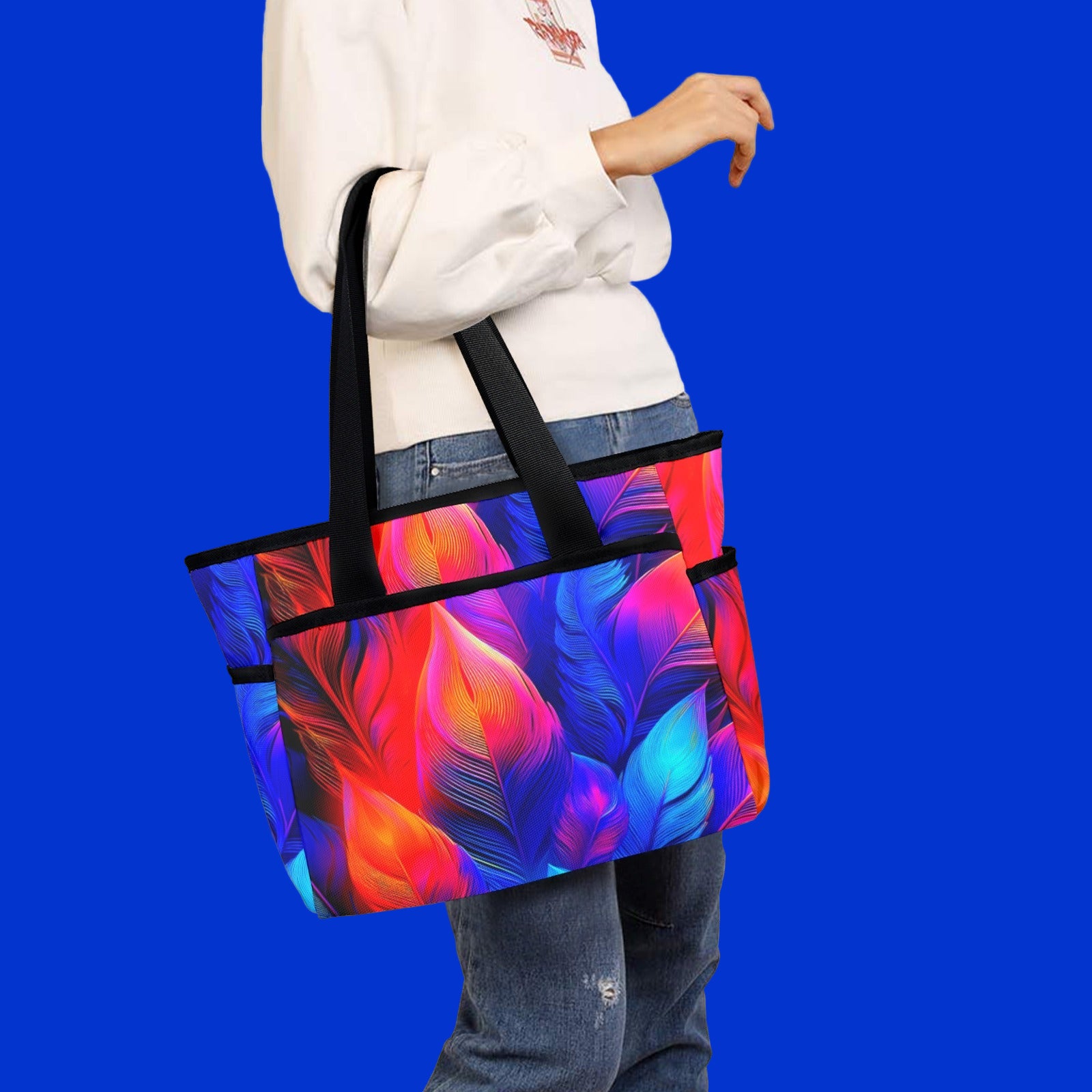 rosella beach tote bag blue red orange pink feather design summer ready